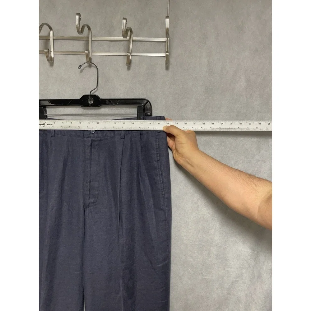 Alan Flusser Pants Men 35X34.5 Blue Golf Straight Linen Pleated Cuffs Casual